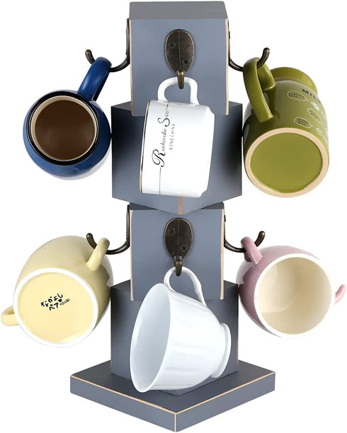 Wood Farmhouse Coffee Mug Stand,Solid Coffee Cup Holder,Rustic Wooden Cup Mug Tree for Counter,Coffee Bar Rack for 8 Mugs (Gray)