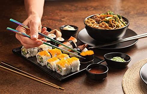 EMRSTORES Stainless Steel Chopsticks - Dazzling Reusable Chopsticks - 5 Pairs Dishwasher Safe Metal Chopsticks - Easy to Use - Square Lightweight Chop Sticks - Gift Set