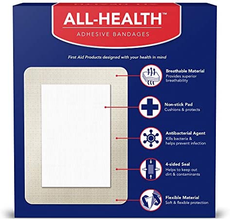 All Health Antibacterial Sheer Adhesive Pad Bandages, 3 in x 4 in, 30 ct | Helps Prevent Infection, Extra Large Comfortable Protection for First Aid and Wound Care