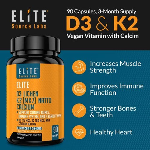 Elite Vitamin D3 K2 MK7 - Support Your Bones, Vitamin D Levels, Heart, and Immune System with Vegan Lichen Vitamin D3 5000 IU and Vitamin K2 MK-7 180 Mcg with Calcium Citrate. 90 Capsules