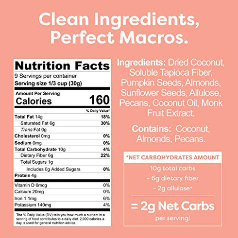 Kiss My Keto Granola Cereal – Coconut Almond Pecan Keto Granola Low Carb Cereal (2g-Net) Low Sugar Granola (1g) – Grain Free Granola Keto Cereal, Gluten Free Granola – Keto Nut Granola for Yogurt