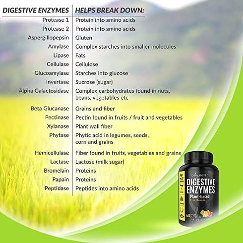DNA SHIFT Digestive Enzymes 18-in-1 Natural proteolytic Enzyme Supplement with protease, amylase & lipase - Better Gluten & Lactose Digestion - May Ease Bloating, Constipation and Gas Relief