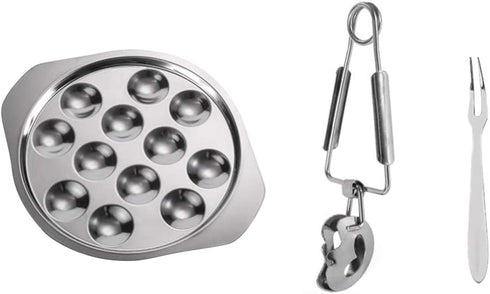 Cabilock Escargot Dining Set 12 Compartment Holes Snail Escargot Plate Tong Fork Set Oyster Serving Trays Stainless Steel Oyster Pan Shell Shaped Dishes for Lemons Sauce Oysters