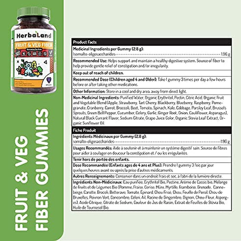 Herbaland Vegan Fruit & Veg Fiber Gummies for Kids - Sugar-Free, Gluten-Free, Gut Health Supplements, Organic, Natural Dietary Supplement, Healthy Digestive System - Black Currant Flavor, 60 Count