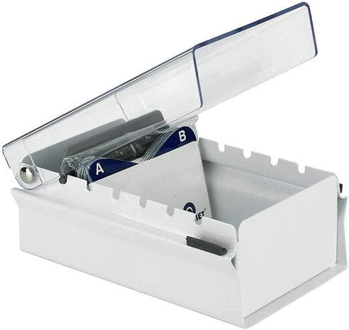Acrimet Index Business Card Size File Holder Organizer Metal Base Heavy Duty (AZ Index Cards and Divider Included) (White Color with Clear Crystal Plastic Lid Cover)