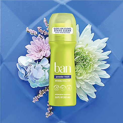 Ban Powder Fresh 24-hour Invisible Antiperspirant, Roll-on Deodorant for Women and Men, Underarm Wetness Protection, with Odor-fighting Ingredients, 3.5 Fl Oz (Pack of 2)