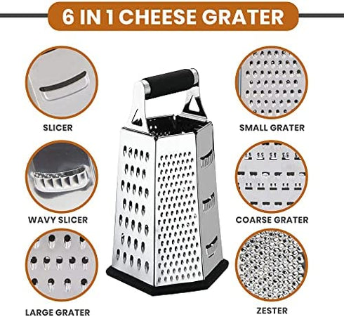 Utopia Kitchen - Cheese Grater & Shredder - Stainless Steel - 6 Sided Box Grater - Large Grating Surface with 6 Razor Sharp Blades - Non Slippery rubber bottom - Perfect to Slice, Grate, Shred & Zest Fruits, Vegetables, Cheeses & Many more! (Black)