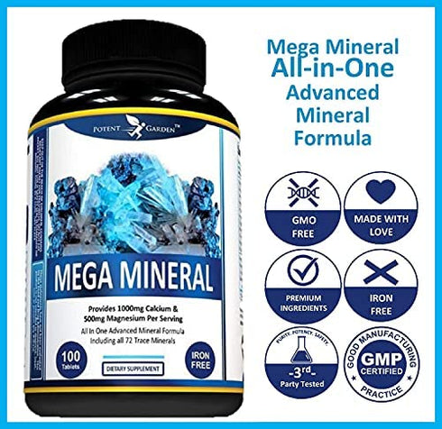 Potent Garden Mega Mineral Supplement Complete Mineral Complex with Calcium Magnesium Zinc Potassium Boron Selenium Chromium & 72 Trace Minerals Iron Free Calcium Supplement -100 Pills