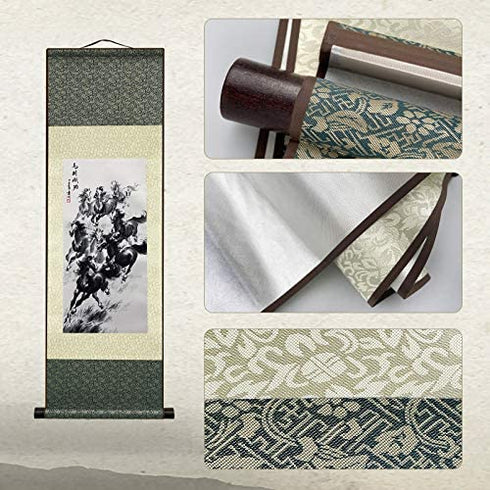 AtfArt Asian Wall Decor Beautiful Silk Scroll Painting Horse to Success - Win Instant Success Oriental Decor Chinese Art Wall Scroll Wall Hanging Painting Scroll (39 x 12 in)