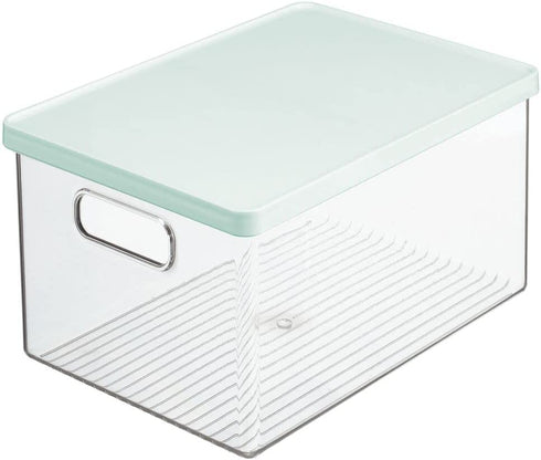 mDesign Plastic Bathroom Under Cabinet Stacking Storage Organizer Bin Box with Lid - Holds Soap, Body Wash, Shampoo, Lotion, Conditioner, Towels, Accessories, Body Spray, Mouthwash - Clear/Mint
