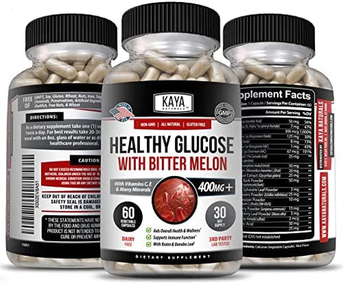 Kaya Naturals Healthy Gluco with Bitter Melon Supplement | Support Healthy Levels & Function, 20 Herbs Vitamins Minerals, Alpha Lipoic Acid, Cinnamon, Vitamin C & E, Gluten Free, Non-GMO - 60 Capsules