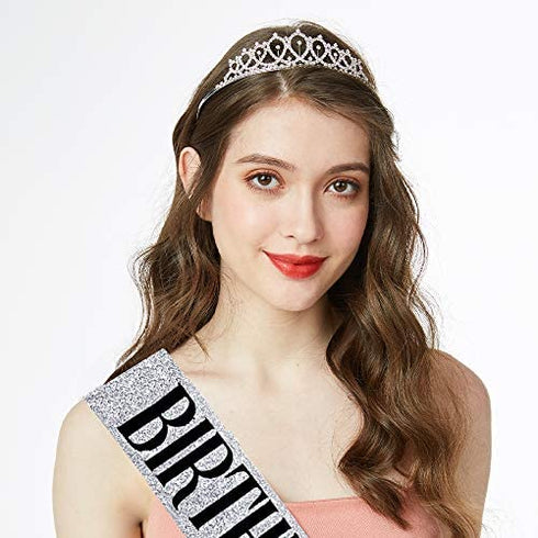 "Birthday Queen" Sash & Rhinestone Tiara Kit - 21st 30th Birthday Gifts Birthday Sash for Women Birthday Party Supplies (Silver Glitter with Black Lettering)