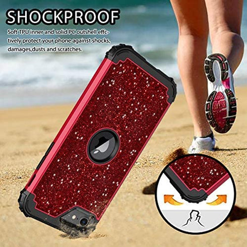 Hekodonk for iPhone SE 2022/2020 Case, Heavy Duty Shockproof Protection Hard Plastic+Silicone Rubber Hybrid Protective Case for iPhone SE 3rd/2nd Generation/iPhone 8/7 4.7" Bling Red