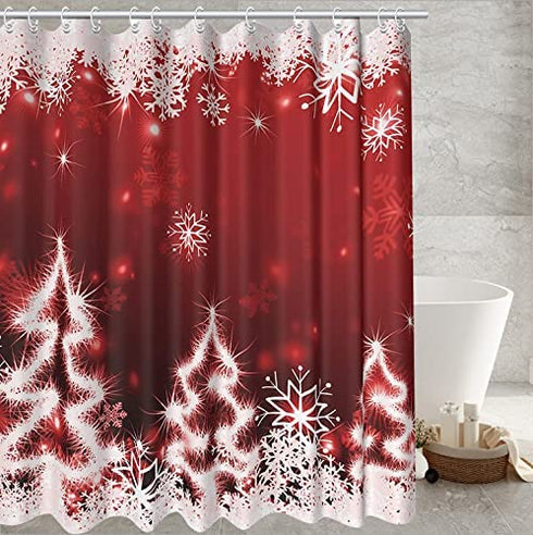 Red Christmas Shower Curtain White Xmas Snowflake Glitter Sparkle Tree Bath Curtain Merry Christmas Eve Home Bathroom Decor Waterproof Fabric Curtains 72x72 inch