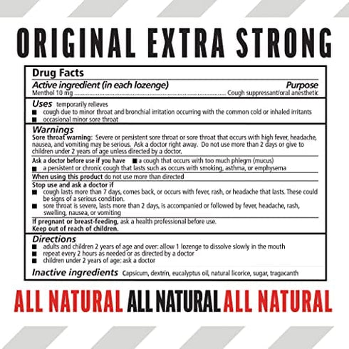 Fisherman's Friend Cough Drops, Cough Suppressant and Sore Throat Lozenges, Original Extra Strong, 10mg Menthol, 228 Drops (6 Packs of 38)