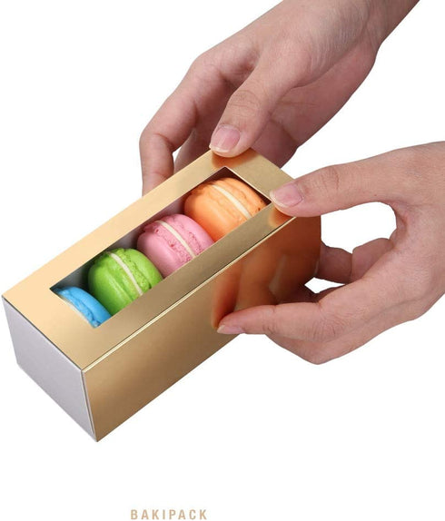 BAKIPACK 25 Macaron Boxes for 4 or 5 Macarons Gold Macaron Gift Boxes?Candy Gift Boxes, Macarons Box with Clear Window (Interior Measurement 4.8" x 1.8" x 1.8" without Macaron inside)