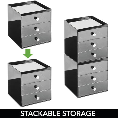 mDesign Plastic Makeup Organizer Storage Station Cube with 3 Drawers for Bathroom Vanity, Cabinet, Countertops - Holds Lip Gloss, Eyeshadow Palettes, Brushes, Blush, Mascara - Black/Clear