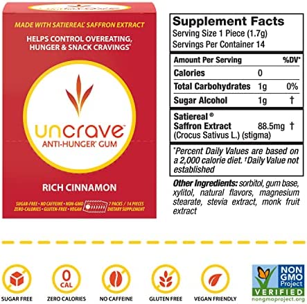 UnCrave Anti-Hunger Gum with Satiereal Saffron Extract - Control Compulsive Snacking, Overeating and Cravings for Healthy Weight Management - Improve Mood - Rich Cinnamon, Box of 7 Packs