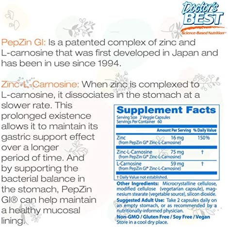 Doctor's Best PepZin GI, Zinc-L-Carnosine Complex, Non-GMO, Vegan, Gluten Free, Soy Free, Digestive Support, 120 Veggie Caps