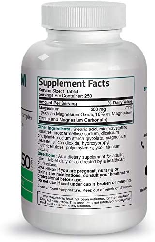Triple Magnesium Complex Maximum Coverage 300 Mg Magnesium Oxide Magnesium Citrate Magnesium Carbonate, Non-GMO Formula, 250 Tablets