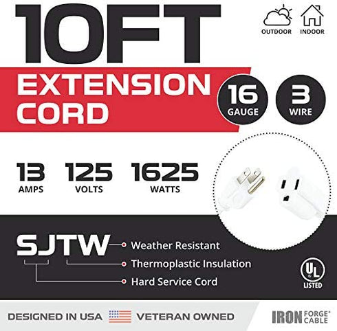 10 Ft White Extension Cord - 16/3 Durable Electrical Cable