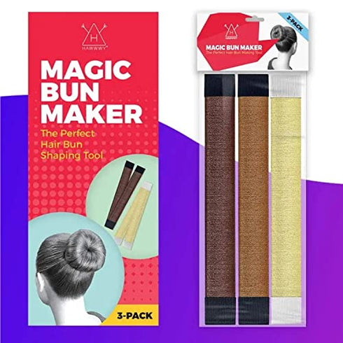 Hawwwy Premium 3 Piece Hair Bun Maker, Snap-and-Roll Bun Hair Tool- Magic Bun Tool, Perfect Bun Makers Hair Pins French Twist Donuts for Updos Kids - 3 Pack mix of Yellow, Light Brown and Dark Brown