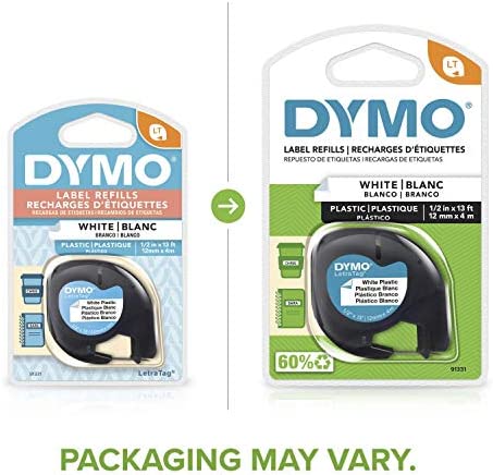 DYMO - SAN91331 91331 LetraTag Labeling Tape for LetraTag Label Makers, Black Print on White Plastic Tape, 1/2'' W x 13' L, 1 Roll