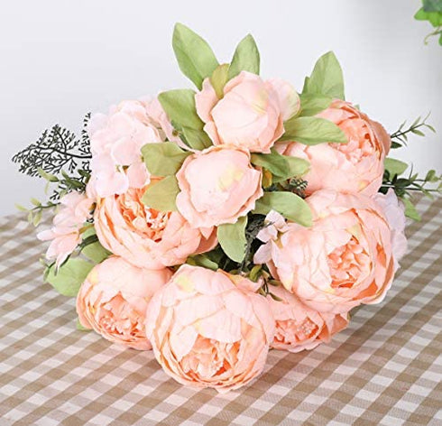 Duovlo Springs Flowers Artificial Silk Peony Bouquets Wedding Home Decoration,Pack of 1 (Spring Orange-Pink)