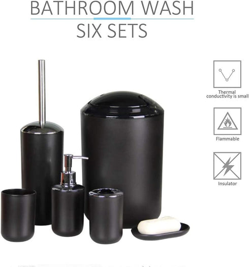 IMAVO Bathroom Accessories Set, 6-Piece Plastic Gift Set, Toothbrush Holder, Toothbrush Cup, soap Dispenser, soap Dish, Toilet Brush Holder, Trash can (Black)