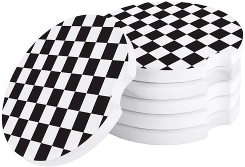 Absorbent Stone Car Coasters for Drinks,Absorb Condensation for protect the Car Cup Holder,Small 2.56"Diameter,Set of 2,Simple Black and White Checkered Flag
