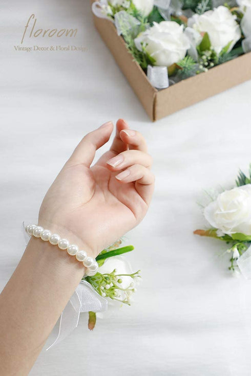 Floroom Set of 6 Ivory Rose Wrist Corsage Wristlet Band Bracelet for Women Bride Bridesmaid White Wedding Prom