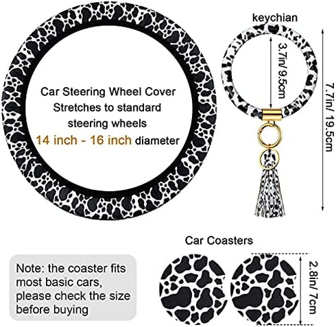 4 Pieces Cow Print Car Accessories Set, Cow Steering Wheel Cover, Cow Car Cup Mats and Cow Keyring Bracelet for Car, Truck, SUV