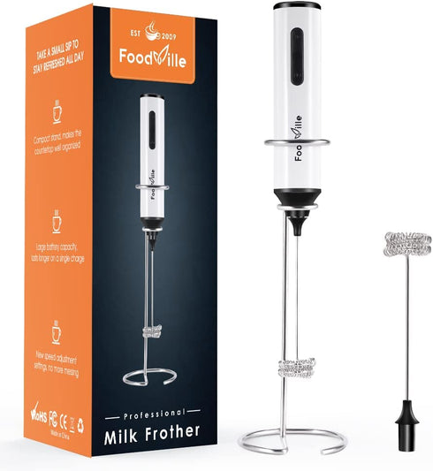 FoodVille MF05 Rechargeable Milk Frother USB Charging Handheld Foam Maker with One Additional Frother for Cappuccino, Latte, Bulletproof Coffee, Keto Diet, Protein Powder, Matcha