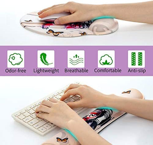Ergonomic Memory Foam Mousepad Keyboard Wrist Rest Support Set - Mouse Pad Wrist Rest for Computer/Gaming/Office - Comfortable & Lightweight for Easy Typing & Pain Relief(Red High Heels & Butterflies)