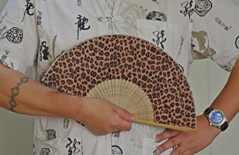 Hand Fan Bamboo Leopard Printed Folding Fan Cotton For Party Wedding Gift with Fan Cover