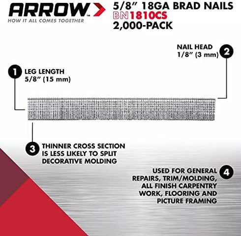 Arrow BN1810CS 18-Gauge Steel Brad Nails for Molding, Cabinets, Framing, Trim, and Finishing, Safe to Use with Electric or Battery Powered Nailers, Steel, 5/8 Inch, 1000 Pack