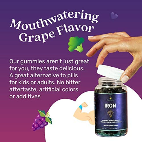 BeLive Iron Gummies - 60 Ct I Multivitamin Iron Supplement with Vitamin C, A, B & Zinc, Supports Blood Oxygen, Vegan Iron Supplements for Women, Men & Kids for Growth and Development - Grape Flavor