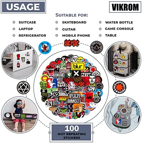 100Pcs Rock Band Stickers Music Car Stickers for Guitar Stickers Decals - Punk Rock Band Stickers Rock n Roll No Repeat, Waterproof Laptop Sticker for IPad Electric, Bass Drum Skateboard Motorcycle