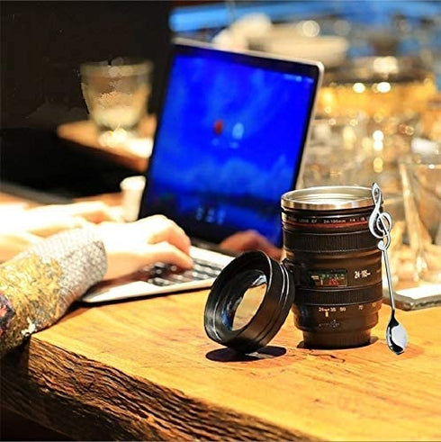 Camera Lens Coffee Mug,Comes with a Musical Note Spoon,Novelty Stainless Steel Camera Lens Mugs for Music Lover Photographer Filmmaker,by POXIWIN