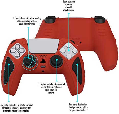 PlayVital Knight Edition Passion Red & Black Two Tone Anti-Slip Silicone Cover Skin for ps5 Controller, Soft Rubber Case for ps5 Wireless Controller with Thumb Grip Caps
