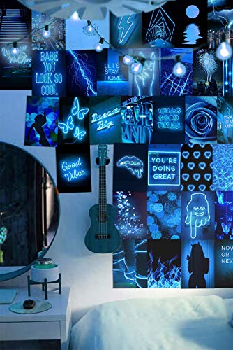 Blue Neon Wall Collage Kit Aesthetic Pictures, Aesthetic Room Decor, Bedroom Decor for Teen Girls, Wall Collage Kit, VSCO Room Decor, Photo Wall, Aesthetic Posters, Collage Kit