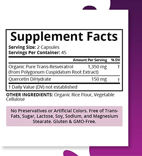 Purity Labs Pure Organic Trans-Resveratrol - Vegan Supplements for Heart, Skin, Hair, Nails - Anti Aging Antioxidant Supplement - 90 Capsules