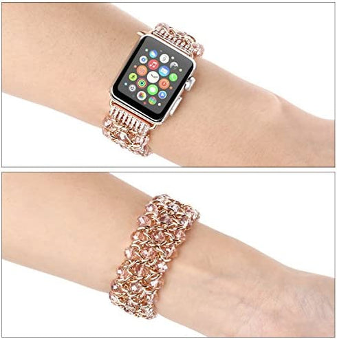 Bling Beaded Bracelet Compatible for Apple Watch 38mm 40mm 41mm 42mm 44mm 45mm 49mm Band,Fohuas Luxury Crystal Glitter Beads Pearl Bangle for iWatch Ultra Series SE 8 7 6 5 4 3 2 1 Glitter Metal Chain Elastic Stretch Jewelry Strap for iphone watch Women G