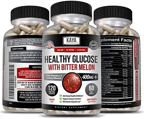 Kaya Naturals Healthy Gluco with Bitter Melon Supplement | Support Healthy Levels & Function, 20 Herbs Vitamins Minerals, Alpha Lipoic Acid, Cinnamon, Vitamin C & E Gluten Free, Non-GMO - 120 Capsules