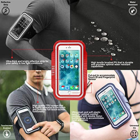 TRIBE Running Phone Holder Armband. iPhone & Galaxy Cell Phone Sports Arm Bands for Women, Men, Runners, Jogging, Walking, Exercise & Gym Workout. Fits All Smartphones. Adjustable Strap, CC/Key Pocket