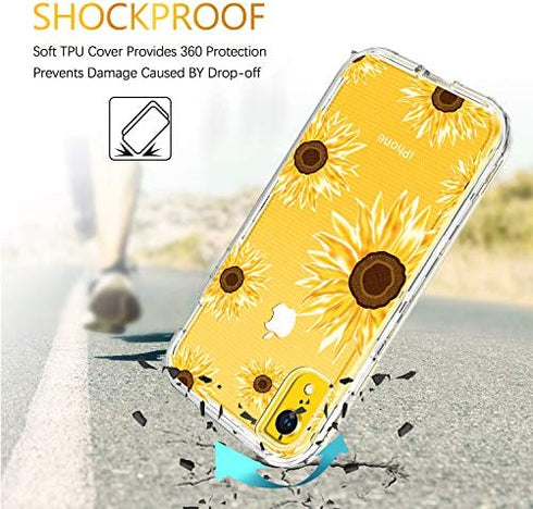 GUAGUA iPhone XR Case Sunflower Clear Floral Flowers for Girls Women 3 in 1 Hybrid Hard Plastic Soft Rubber Cover Shockproof Protective Phone Cases for iPhone XR 6.1-inch Transparent Yellow
