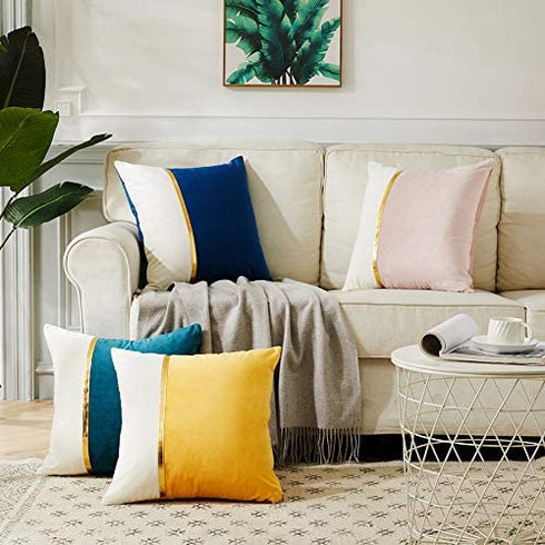 Fancy Homi 2 Packs Decorative Throw Pillow Covers 20x20 Inch for Living Room Couch Bedroom, Blush Pink and White Velvet Patchwork with Gold Leather, Luxury Modern Home Decor Cute Cushion Case 50x50 cm
