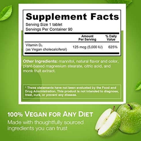 EZ Melts Vitamin D3 5000 IU Tablets - Vitamin D3 Dissolving Tablets for Improved Vitamin Intake - Vegan D3 Vitamins to Promote Bone Support - Zero Sugar Vitamin D3 Tablets - Apple Flavor - 90 Ct