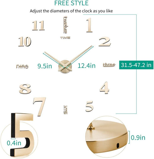 AILILIFE 3D DIY Wall Clock Decor Sticker Mirror Frameless Large DIY Wall Clock Kit for Home Living Room Bedroom Office Decoration (Gold)