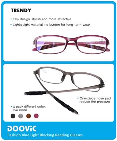 DOOViC 4 Pack Computer Reading Glasses Blue Light Blocking Anti Eyestrain Flexible Lightweight Readers for Women Men 2.0 Strength